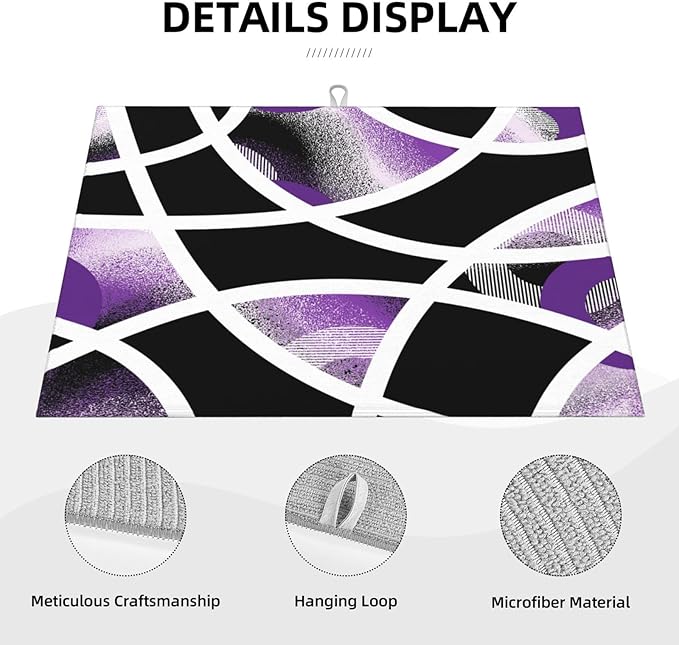 Purple Black White Geometric Abstract Dish Drying Mat for Kitchen Counter & Sink, 18" x 24" Absorbent Microfiber Drying Pad for Dishes, Foldable Modern Art Kitchen Mat for Dishes Small Appliances