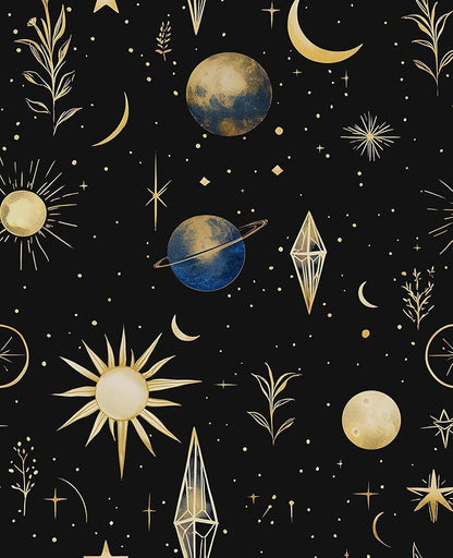 Starry Night Peel and Stick Wallpaper – Black Gold Galaxy Celestial Starburst Moon Stars Self-Adhesive Vinyl Contact Paper for Bedroom Living Room Cabinet, Removable Wall Decor 17.5In x 118In
