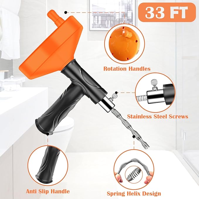 Drain Snake Auger 33 Feet, Plumbing Snake Drain Hair Clog Removal Tool, Sink Unclogger Drain, Heavy Duty Toilet Snake Auger, Cleaner Tool for Bathroom Kitchen Tub Shower Drain Clog Remover with Gloves
