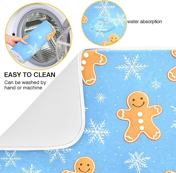 Snowflake Gingerbread Cookie Man Blue Dish Drying Mat for Kitchen Counter Absorbent Microfiber Drying Pad, Medium 16x18 in