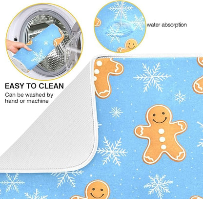 Snowflake Gingerbread Cookie Man Blue Dish Drying Mat for Kitchen Counter Absorbent Microfiber Drying Pad, Medium 16x18 in