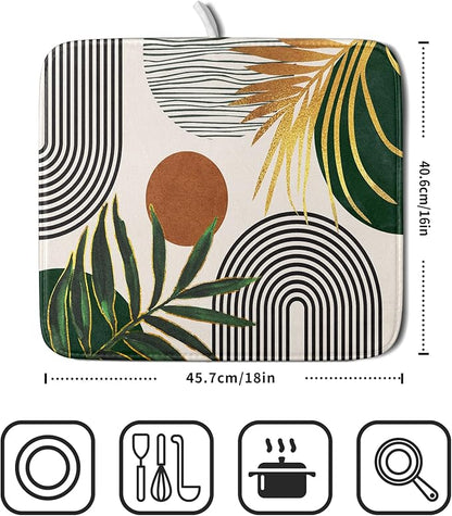 Boho Leaves Dish Drying Mat 16x18 inch Mid Century Absorbent Drainer Rack Mats Fast Dry Bottles Dish Dry Pad Protector Kitchen Accessories