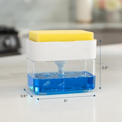 S&T INC. Dish Soap Dispenser and Sponge Holder for Kitchen Sink with Enhanced Features, Sponge Included, 13 Ounces, Matte White