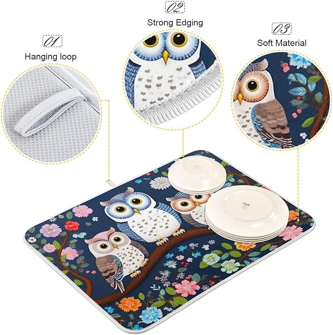 Dish Drying Mat Kitchen Counter Absorbent Three Owls Coffee Sink Mat Dish Drainer Pad 18 Inch x 16 Inch
