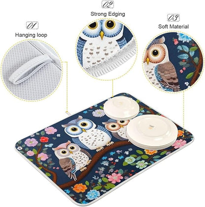 Dish Drying Mat Kitchen Counter Absorbent Three Owls Coffee Sink Mat Dish Drainer Pad 18 Inch x 24 Inch