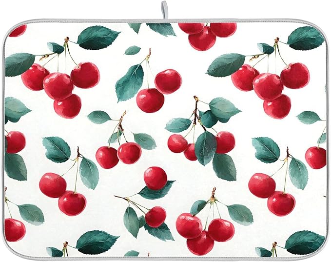 Red Cherry Leaves Dish Drying Mat for Kitchen Counter Absorbent Microfiber Drying Pad, Medium 16x18 in