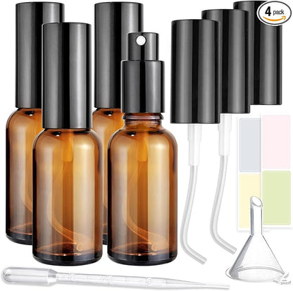 Showvigor 4-Pack 1oz/30ml Amber Glass Spray Bottles for Fine Mist | with 2 Extra Nozzles, Refillable Essential Oil, Toner, Hair Care & Cleaning Solutions Bottles Set | Leak-Proof, UV Protection