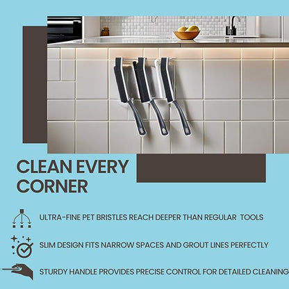 Hard Bristle Crevice Cleaning Brush - Small Scrub Brush for Toilet, Grout, Shower Tile, and Narrow Gaps - Durable Grout Brush with PET Bristles, Ergonomic Handle, Easy Storage - 3 Pack