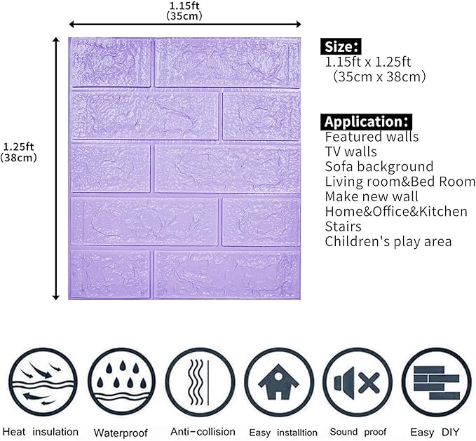3D Wall Panels, 14.5 sq.feet Coverage, Printable Wallpaper Sticker with Self-Adhesive Waterproof Brick PE Foam Wall Panels Peel and Stick for Interior Wall Decor, Home Decoration 10 PCS Purple