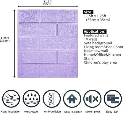 3D Wall Panels, 29 sq.feet Coverage, Printable Wallpaper Sticker with Self-Adhesive Waterproof Brick PE Foam Wall Panels Peel and Stick for Interior Wall Decor, Home Decoration 20 PCS Purple