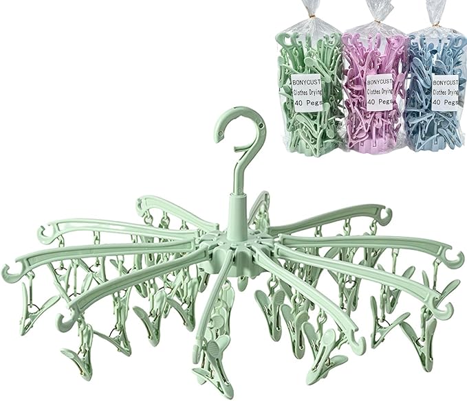 Foldable Drying Rack with 40 Clips for Drying Socks Lingerie Baby Clothes Drying Towels Rotatable Sock Drying Rack (Green)
