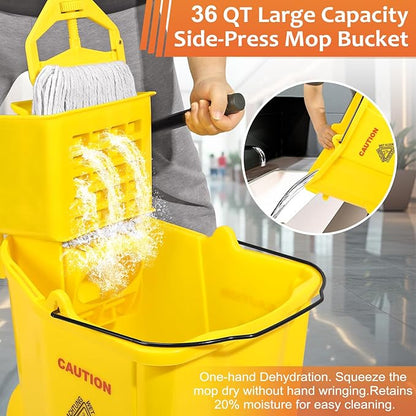 38 Qt Commercial Mop Bucket with Side Press Wringer on Wheels and Mops Set for Floor Cleaning,Including 1 Industrial Mop and Wet Floor Caution Sign,Yellow,Beyoco