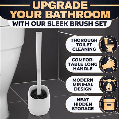 Toilet Brush and Holder Set - Silicone Toilet Bowl Brush with White Holder Base, Compact Bath Accessory for Small Spaces - Easy to Place and Simple to Store After Use, Plastic Bathroom Cleaning Tool