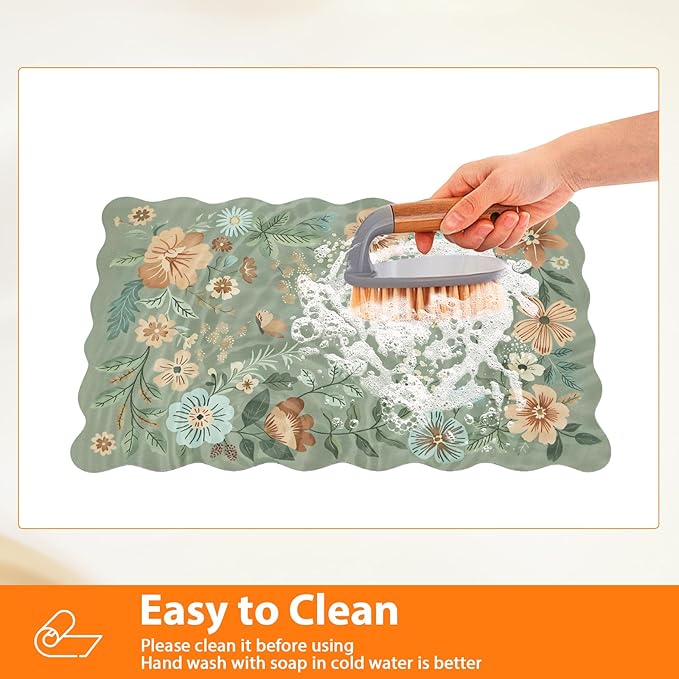 Scalloped Bohemian Boho Floral Flower Coffee Bar Mat Dish Drying Mats for Kitchen Counter, Kitchen Decor, (12"x19", Green 1)