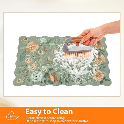 Scalloped Bohemian Boho Floral Flower Coffee Bar Mat Dish Drying Mats for Kitchen Counter, Kitchen Decor, (16"x24", Green 1)