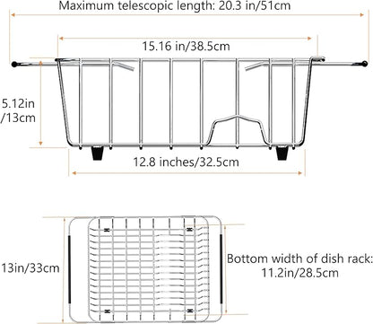 NiuYichee Stainless Steel Dish Drying Rack(15.2"L X 13"W X 5.8"H), Expandable Fruit & Vegetable Drain Rack over Sink, Dish Drainer Rack in Sink, with Stainless Steel Utensil Holder & Silicone Mat(16")