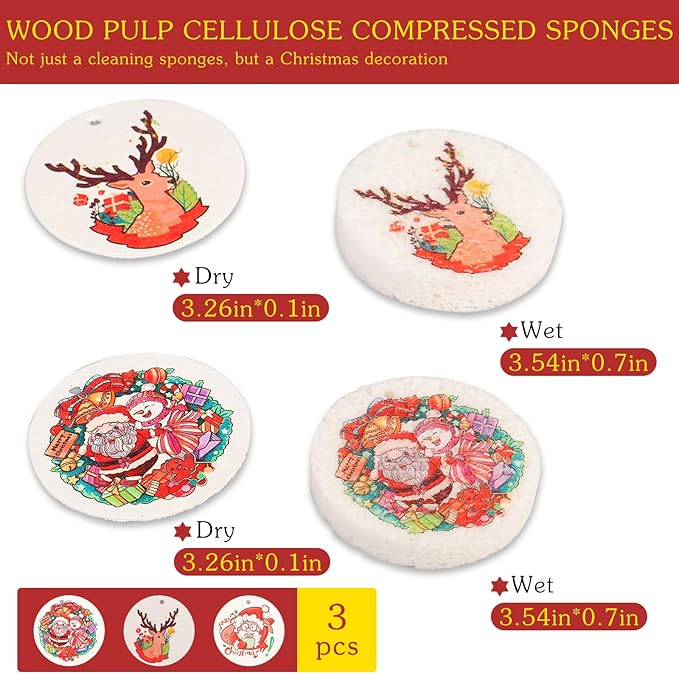 3 Pcs Biodegradable Wood Pulp Cellulose Compressed Cleaning Sponge Premium Kitchen Dishwashing Sponge Hanging Decorations for Christmas Tree Decorations, Kitchen, Bathroom and Surface Cleaning