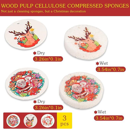 3 Pcs Biodegradable Wood Pulp Cellulose Compressed Cleaning Sponge Premium Kitchen Dishwashing Sponge Hanging Decorations for Christmas Tree Decorations, Kitchen, Bathroom and Surface Cleaning