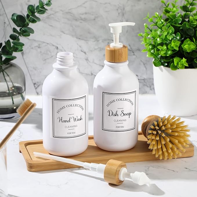 Zopeal 4 Pcs 16 oz Kitchen Soap Dispenser Set with Bamboo Tray and Dish Brush Plastic Soap Dispenser Set with Waterproof Labels for Hand Dish Lotion(Frosted White)