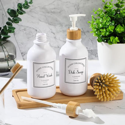 Zopeal 4 Pcs 16 oz Kitchen Soap Dispenser Set with Bamboo Tray and Dish Brush Plastic Soap Dispenser Set with Waterproof Labels for Hand Dish Lotion(Frosted White)