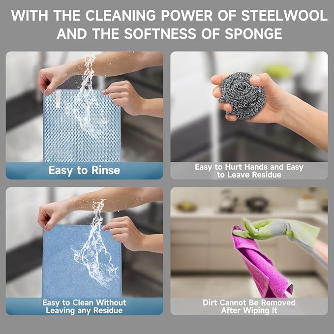 12PCS Upgrade Wire Dishwashing Rag, Non-Scratch, Wet and Dry, Double Layer, Multipurpose Wire Dishwashing Rags for Kitchen, Sinks, Cookware, Stove, Easy Rinsing, Reusable