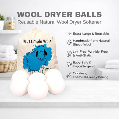 Wool Dryer Balls 6-Pack 100% Natural New Zealand Wool, Handmade in Nepal Reusable Laundry Balls, Faster Drying, Softer Clothes, Anti-Static, Dryer Sheets Alternative (Plain White)