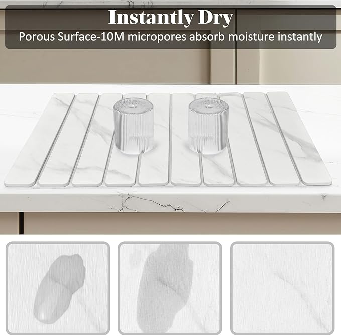 2 PCS Large Stone Dish Drying Mats for Kitchen Counter, 24"(L)×16"(W) Marble-Pattern Dish Drying Mat with 8"x 4" Coasters, Eco-Friendly Diatomite Dish Drying Mat - Fits All Countertops