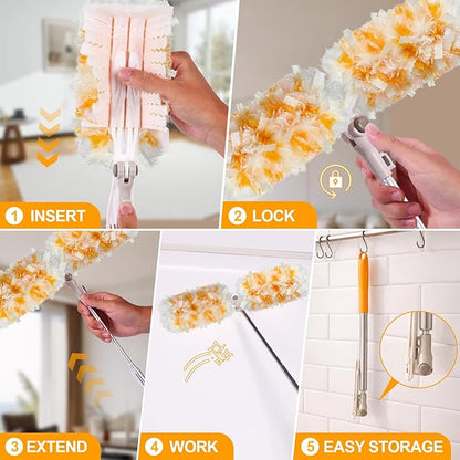Gelibo 6ft Extendable Duster Handle with 5 Refills,Compatible with Swiffer,360°Rotating Ceiling Fan Dusters with Lock, Heavy Duty Microfiber Dusting Pads for Home Cleaning,Blinds,Hard-to-Reach Areas