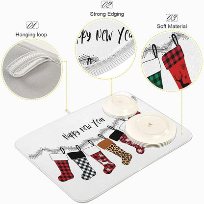 Super Absorbent Dish Drying Mat, Microfiber Fast-Drying Dish Mat, 24" x 18", Kitchen Dish Drying Pad, Christmas Stockings