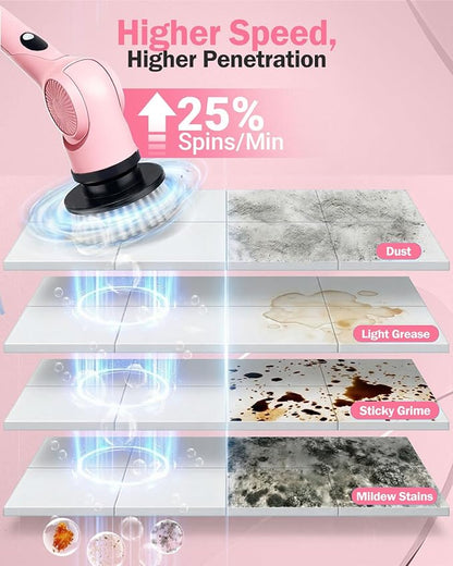 Electric Spin Scrubber, 3-Speed Cordless Shower Scrubber with 90° Adjustable & 10 Replaceable Brush Heads, 90 Mins Runtime & Full-Body IPX7 Waterproof Shower Cleaner Brush with Long Handle