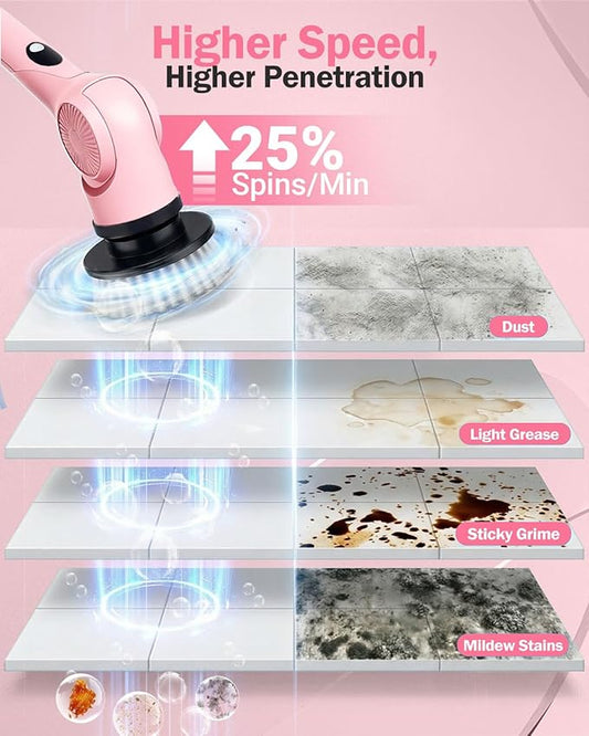Electric Spin Scrubber, 3-Speed Cordless Shower Scrubber with 90° Adjustable & 10 Replaceable Brush Heads, 90 Mins Runtime & Full-Body IPX7 Waterproof Shower Cleaner Brush with Long Handle