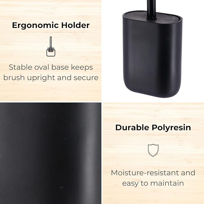 Oval Black Toilet Brush and Holder Set - Minimalist Polyresin Base, Stainless Steel Handle, Silicone Head - Japandi Collection