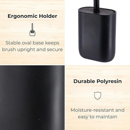 Oval Black Toilet Brush and Holder Set - Minimalist Polyresin Base, Stainless Steel Handle, Silicone Head - Japandi Collection
