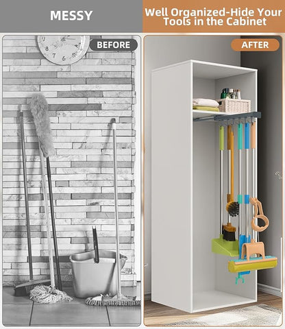 Pull Out Broom Holder, Multifunctional Slide Broom And Mop Storage/Organizer With Adjustable Double Row Sliding Hook, Garage Organization Hooks, for Closet Laundry - grey - 36cm/14.17inch