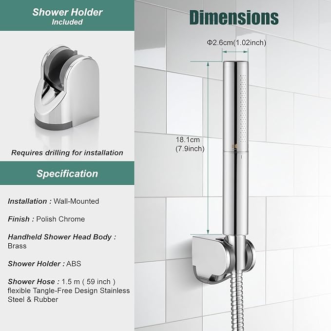 Heyalan Brass 2 in1 Function Handheld Spray Hand Shower High Pressure Handheld Sprinklert Shower Wand with Shower Hose and ABS Hand Shower Holder, Polished Chrome