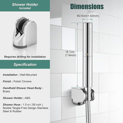 Heyalan Brass 2 in1 Function Handheld Spray Hand Shower High Pressure Handheld Sprinklert Shower Wand with Shower Hose and ABS Hand Shower Holder, Polished Chrome