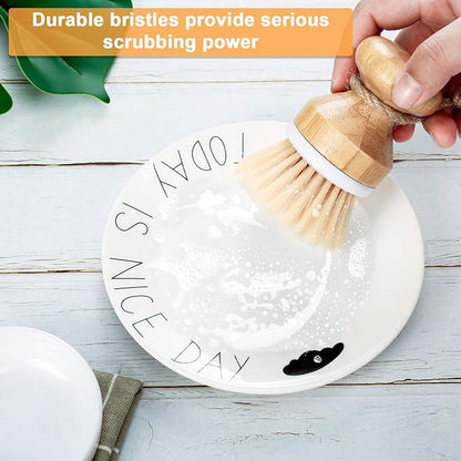 Boao 3 Pieces Bamboo Dish Scrub Brush and 1 Holder Natural Wooden Kitchen Cleaning Scrubbers Durable Bamboo Palm Household Pot Scrubber Brush for Dishes Pots Pans Kitchen Sink Cleaning