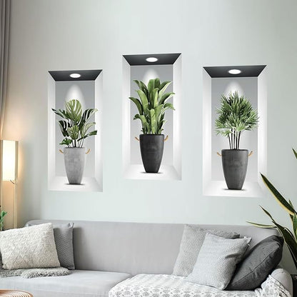 Tanlaby 3 Pack Green Plants Wall Stickers 3D Realistic Potted Plant Wall Decals Self-Adhesive Mural Removable Natural Art Sticker for Office Living Room Bedroom Art Room Sofa Backdrop Decor