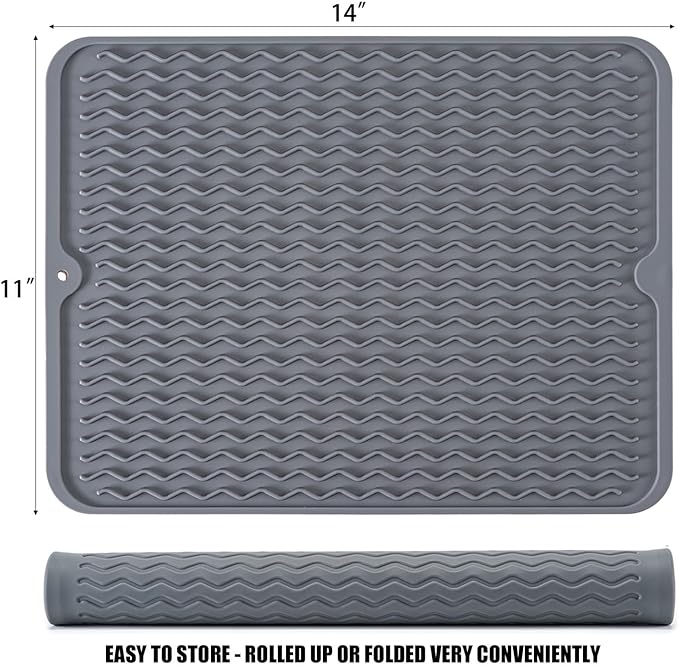 Large 14" x 11" Silicone Dish Drying Mat for Kitchen Counter, Easy clean, Quick Dry, Heat-resistant Dish Drainer Mat for Sink,Refrigerator or Drawer liner (Food Grade Silicone-Grey)