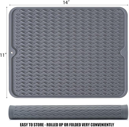 Large 14" x 11" Silicone Dish Drying Mat for Kitchen Counter, Easy clean, Quick Dry, Heat-resistant Dish Drainer Mat for Sink,Refrigerator or Drawer liner (Food Grade Silicone-Grey)