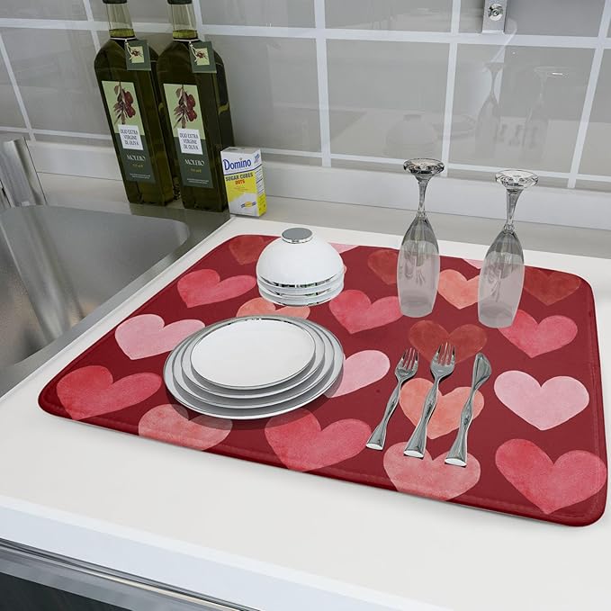 Valentines Day Dish Drying Mat 18 x 24 Inch With Absorbent Reversible Microfiber Pink Red Hearts Drying Anniversary Wedding Dish Drainer Mat Fast Dry For Kitchen Dining Room Decor