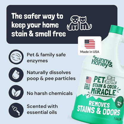 Sunny & Honey Pet Stain and Odor Remover - Enzyme Cleaner for Dog Urine and Poop on Carpets and Furniture - Strong Pet Carpet Cleaner Spray (1 Gallon Mint)