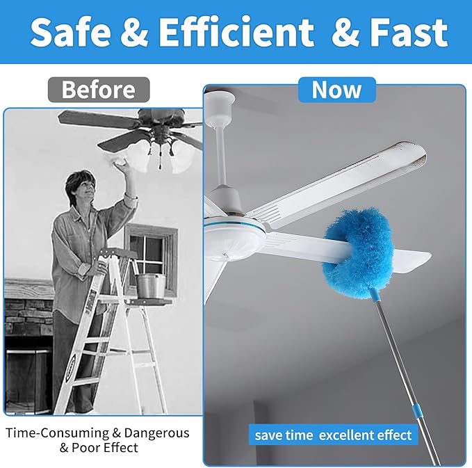 Ceiling Fan Cleaner Duster & Cobweb Duster with Extension Pole 15" -100" Reusable Microfiber Ceiling Fan Blade Cleaner Removable Duster (Blue) for Cleaning High Ceiling Fan Interior Roof Spider Web