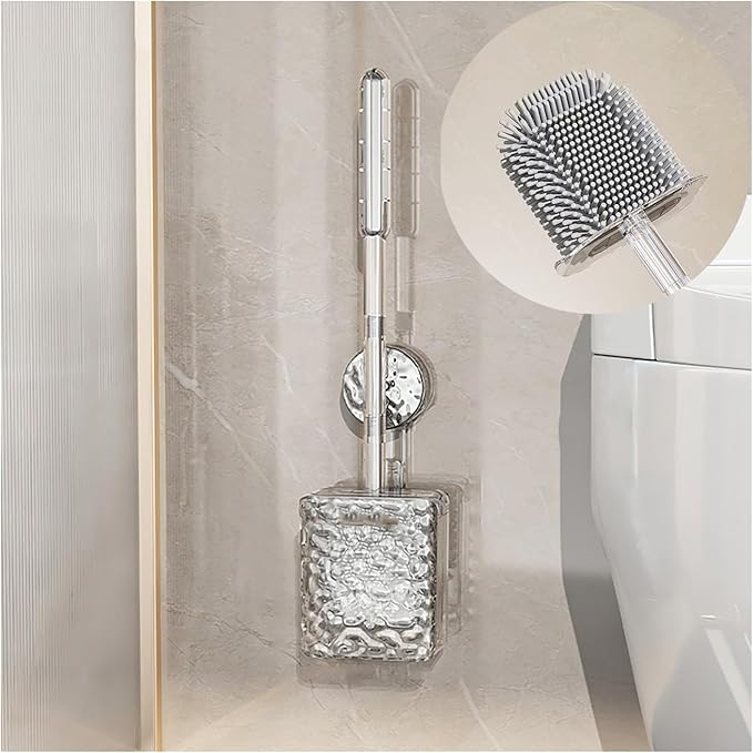 Silicone Toilet Brush with Holder Comes with Suction Cups Deep Cleaning Toilet Brush with Flexible Bristles Space Saving for Bathroom Modern Design Quick Drying Easy to Assemble Silver