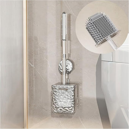 Silicone Toilet Brush with Holder Comes with Suction Cups Deep Cleaning Toilet Brush with Flexible Bristles Space Saving for Bathroom Modern Design Quick Drying Easy to Assemble Silver