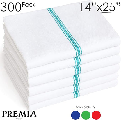 Bulk Economy Wholesale Kitchen Dish Towels (300 Towels) - 100% Cotton Herringbone - Commercial Grade - Bleach Resistant - Restaurant Bar Mops - 24 oz/dz - White with Green Stripes