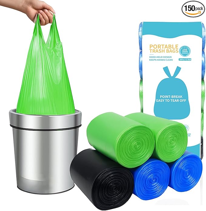 MakMeFre 5Rolls 4Gallon Portable Trash Bags,Thicken Small Garbage Bags for Office,Bedroom,Kitchen Waste Bin(150Counts,Colorful)