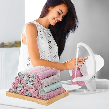 22 Pack Kitchen Dish Cloths, Reusable Dish Towels, Nonstick Oil Washable Fast Drying, Super Absorbent Coral Velvet Cleaning Cloths for Cleaning Tableware, Kitchen, Bathroom (Purple-grey10" x 6")