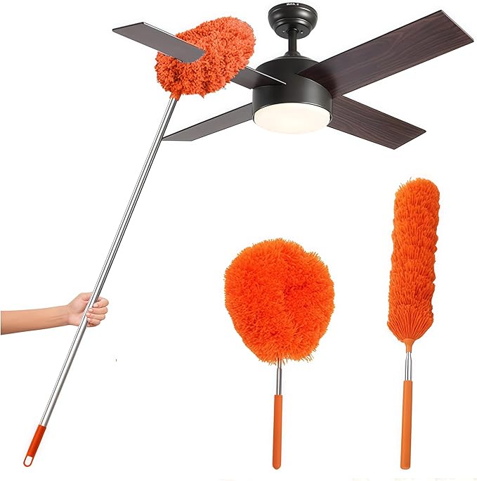 Fan Cleaner Duster (2-Pack) – Extendable Ceiling Fan Cleaner with Orange Microfiber Flexible Head, Long Handle Duster for Ceilings, Walls & Corners, No Ladder Needed