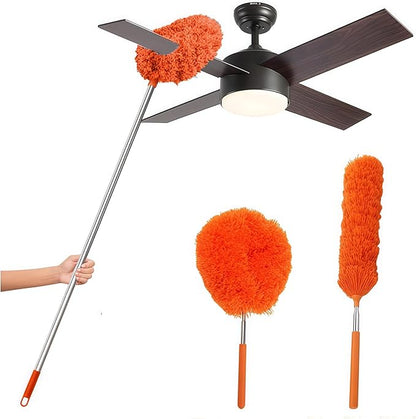 Fan Cleaner Duster (2-Pack) – Extendable Ceiling Fan Cleaner with Orange Microfiber Flexible Head, Long Handle Duster for Ceilings, Walls & Corners, No Ladder Needed